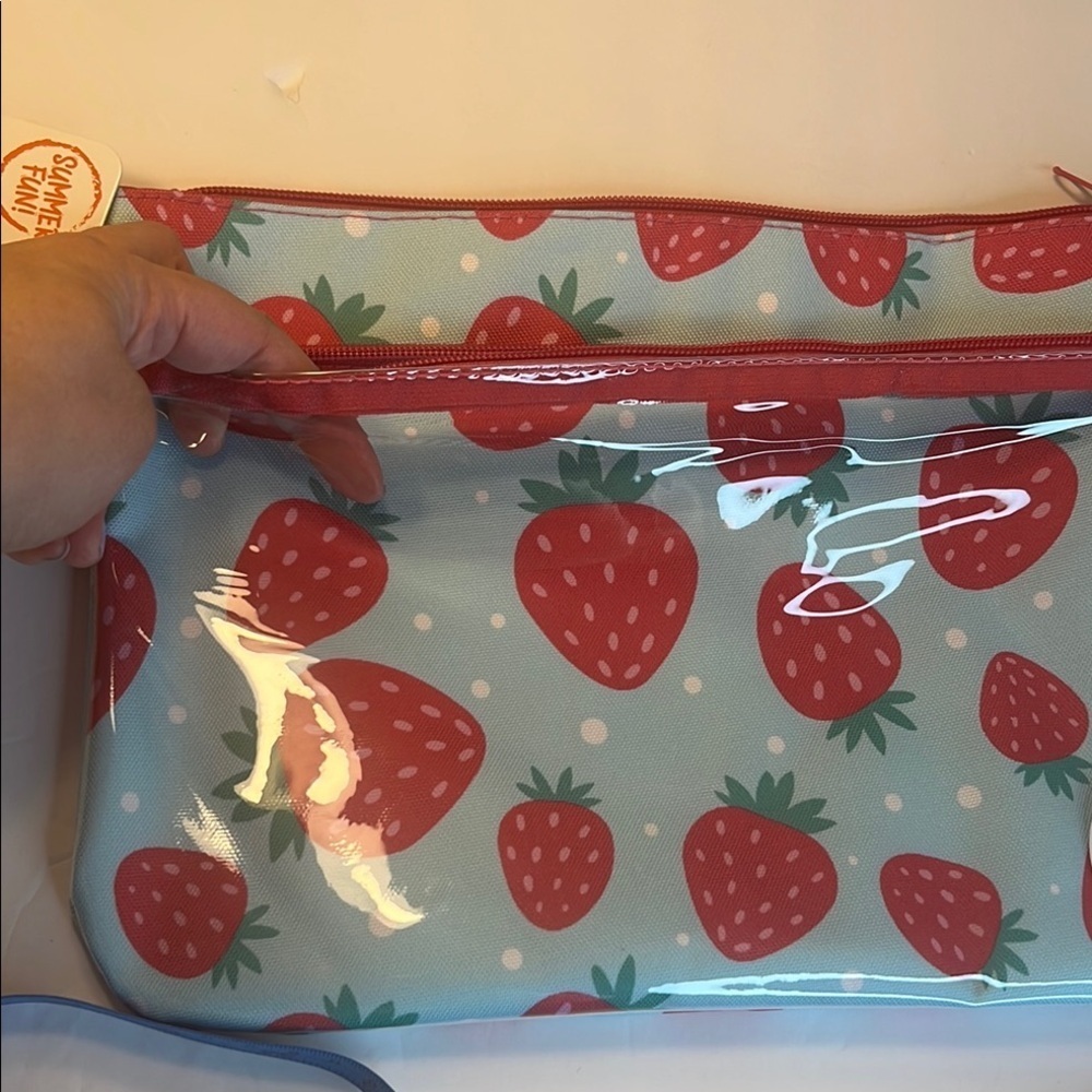 🍓Strawberry Print Wristlet Cosmetic Pouch Clutch Baby Blue and Pink - Picture 9 of 11